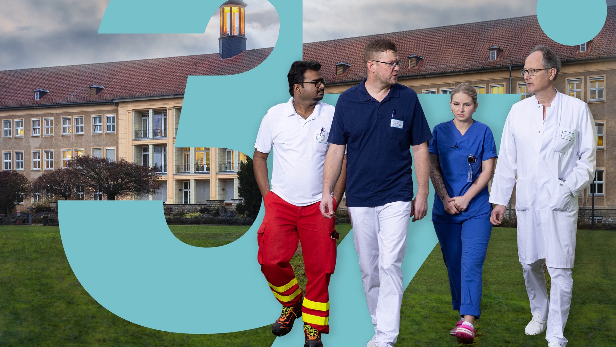 Außenaufnahme des Krankenhauses von Wrienzen und medizinische Angestellte.